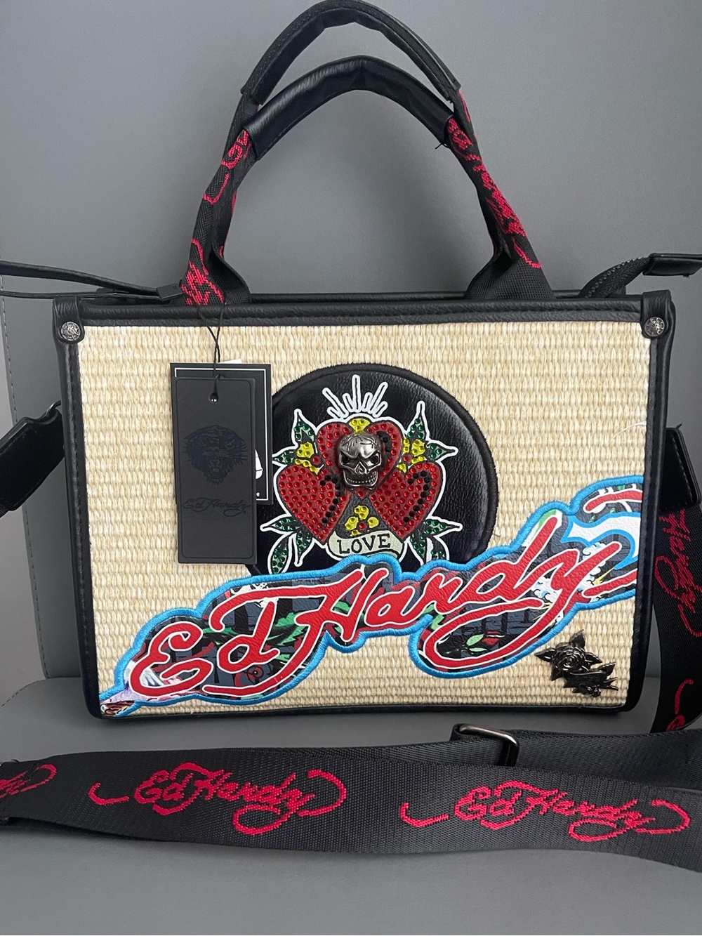 Ed Hardy Woven Straw Tote Bag Rhinestone Love Hearts and Skull Embroidery
